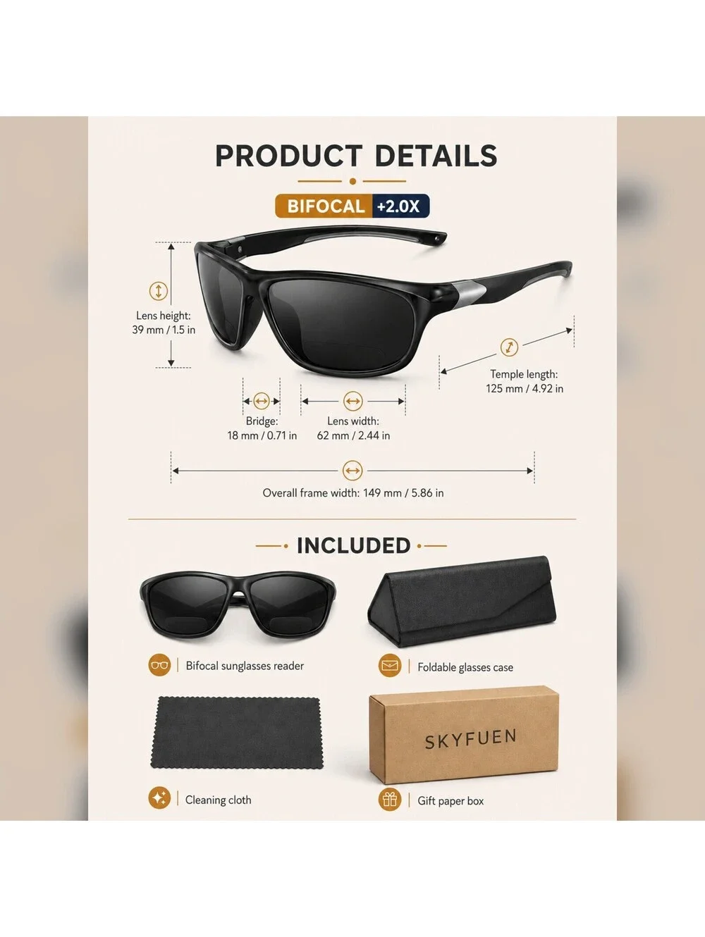 SKYFUEN +2.0X Polarized Bifocal Reading Sunglasses TR90 Black Wraparound